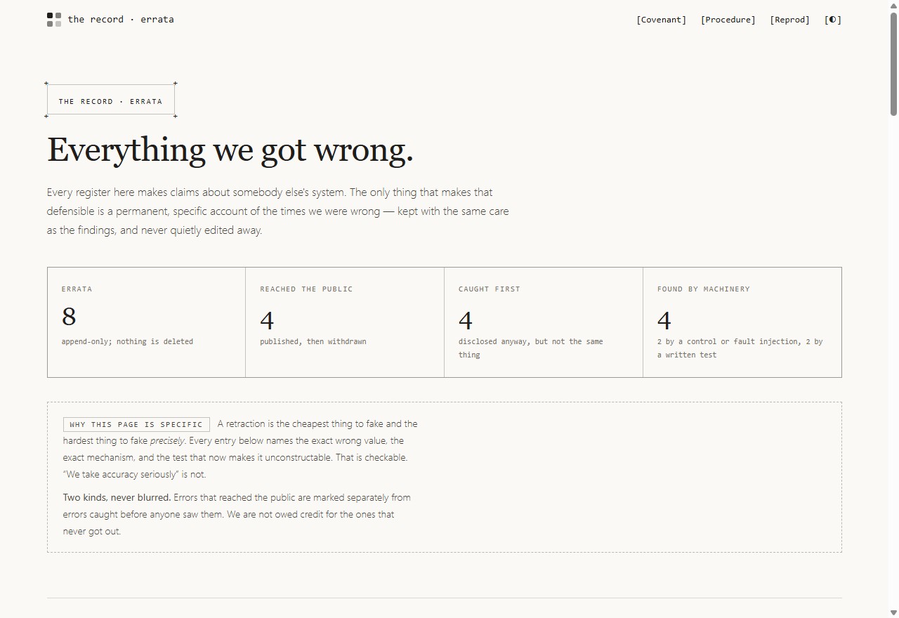 The errata page listing every published and caught error with its mechanism